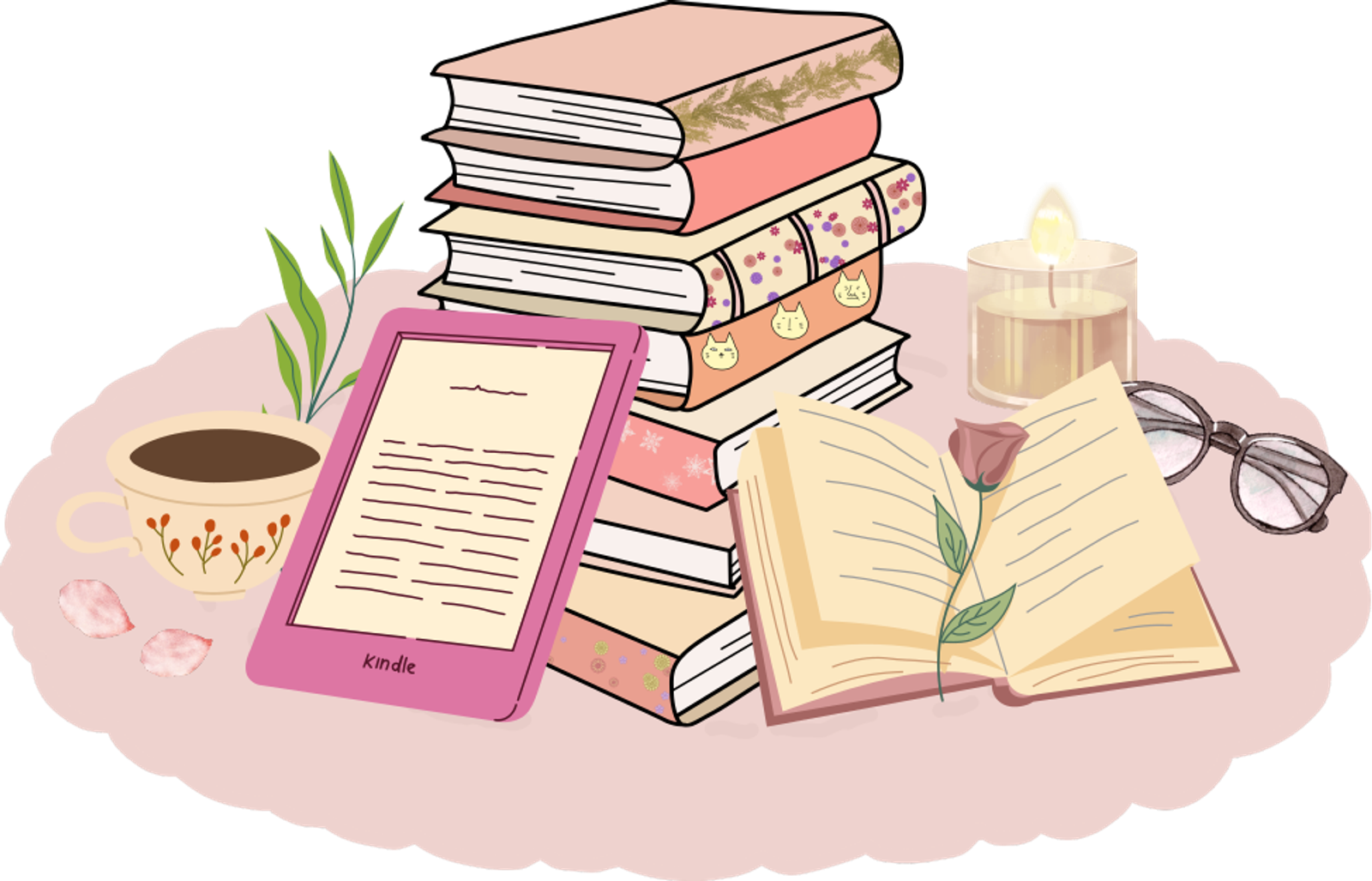 Стос книг, кава, свічка й читалка — затишне місце читача